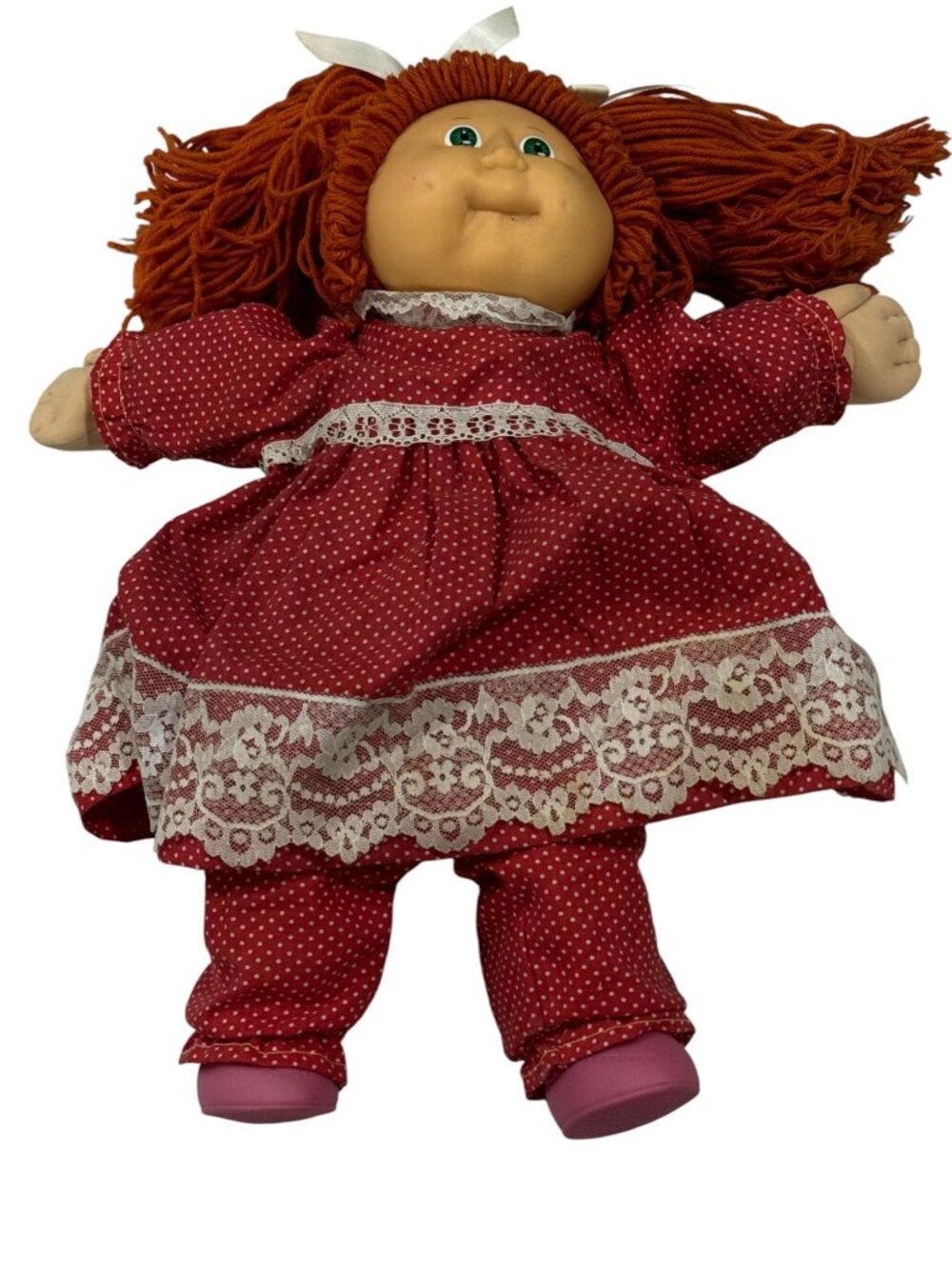 Cabbage Patch Kids Doll With Red Polka Dot Dress & Lace Trim - Orange Yarn Hair